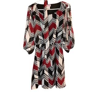 Three Pink Hearts Dress L Red Black White Chevron Tie‎ Neck Long Sleeve
